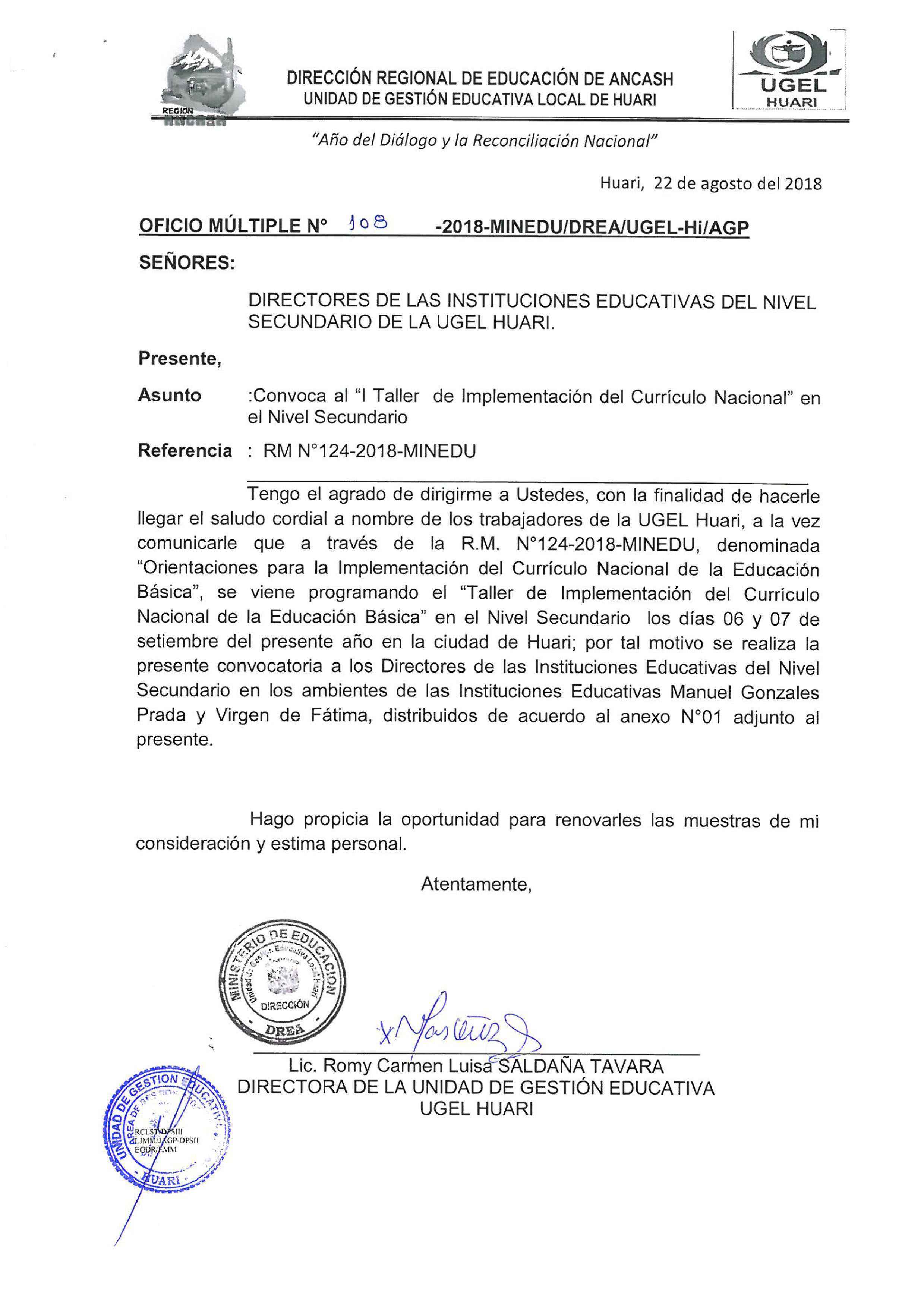 OFICIO PRIMER TALLER DE IMPLEMENTACIÓN DEL CURRÍCULO NACIONAL-NIVEL SECUNDARIA