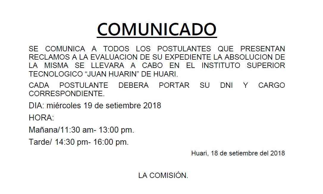 COMUNICADO ABSOLUCIÓN DE RECLAMOS CAS N° 09-2018-UGELHUARI