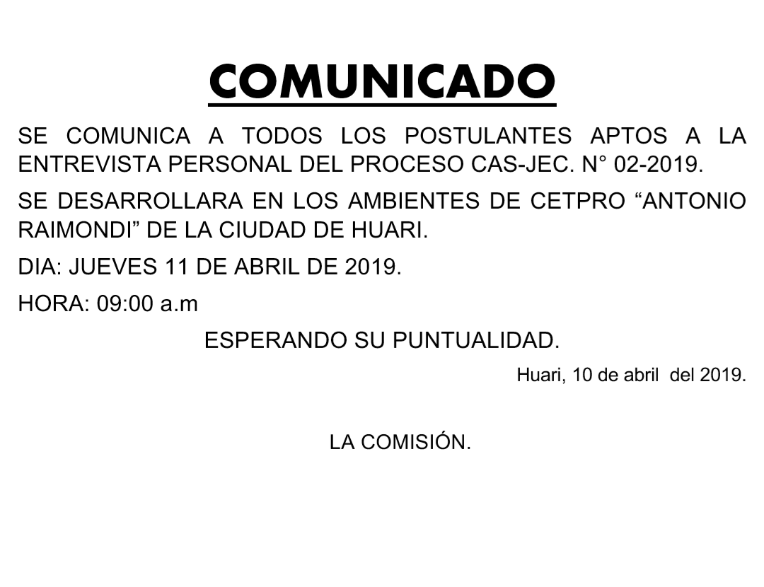 COMUNICADO ENTREVISTA CAS JEC N° 02-2019-UGELHUARI