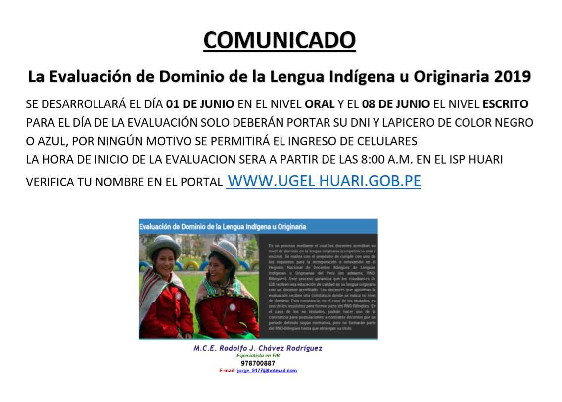 EVALUACIÓN DE DOMINIO DE LA LENGUA INDÍGENA U ORIGINARIA 2019