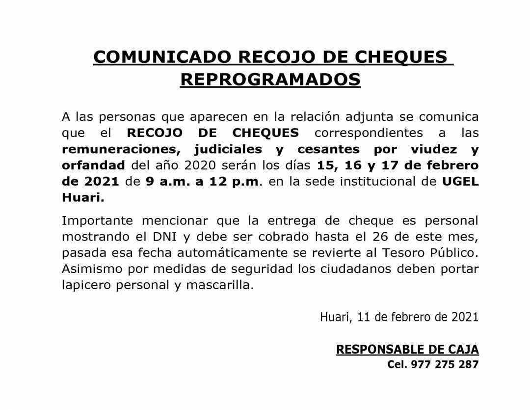 COMUNICADO RECOJO DE CHEQUES REPROGRAMADOS