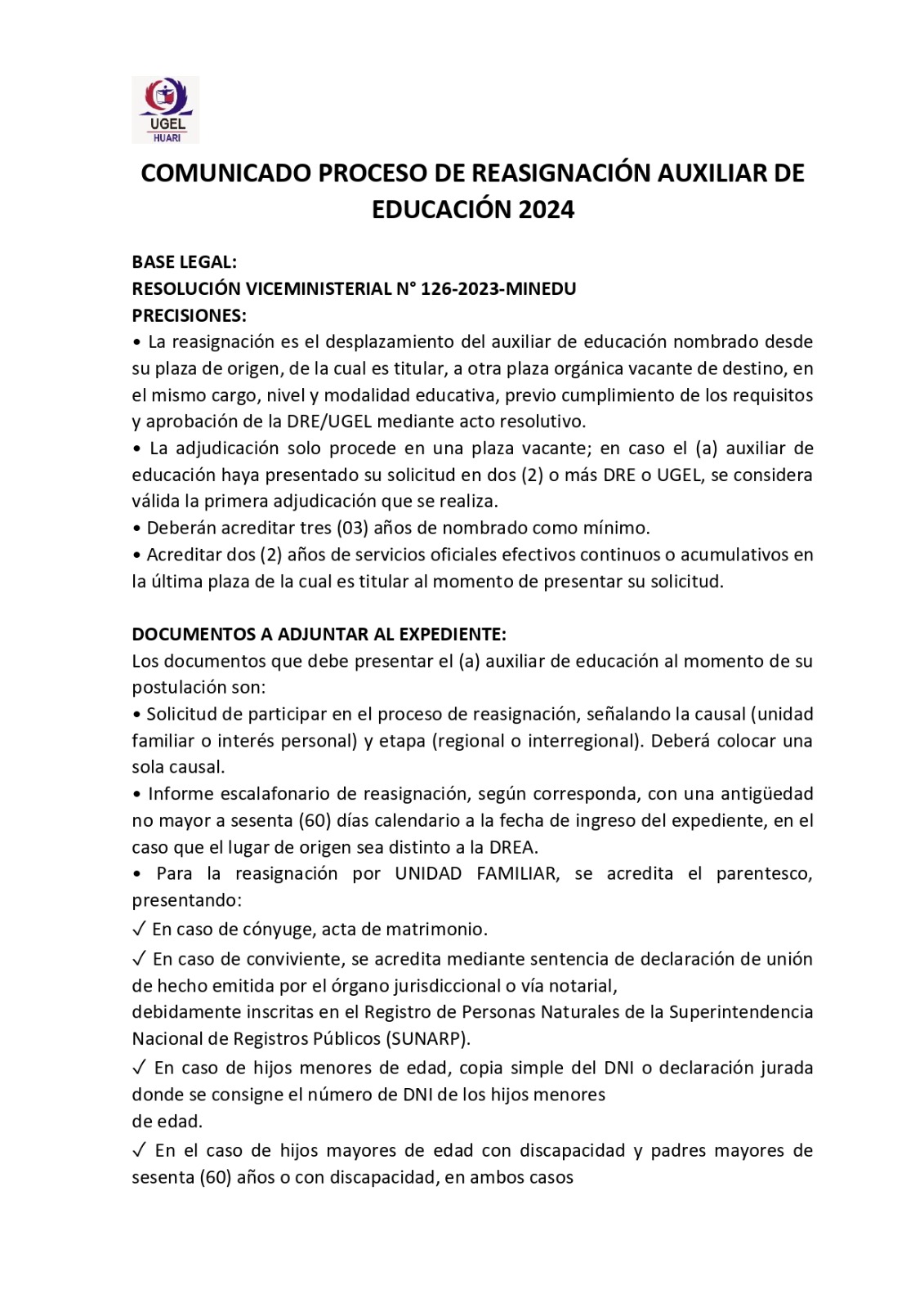 COMUNICADO PROCESO DE REASIGNACIÓN AUXILIAR DE EDUCACIÓN 2024