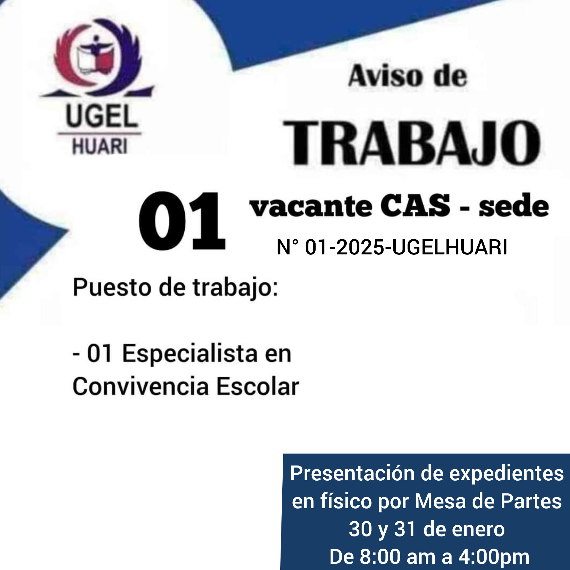 PROCESO CAS N° 01-2025-UGELHUARI: ESPECIALISTA EN CONVIVENCIA ESCOLAR