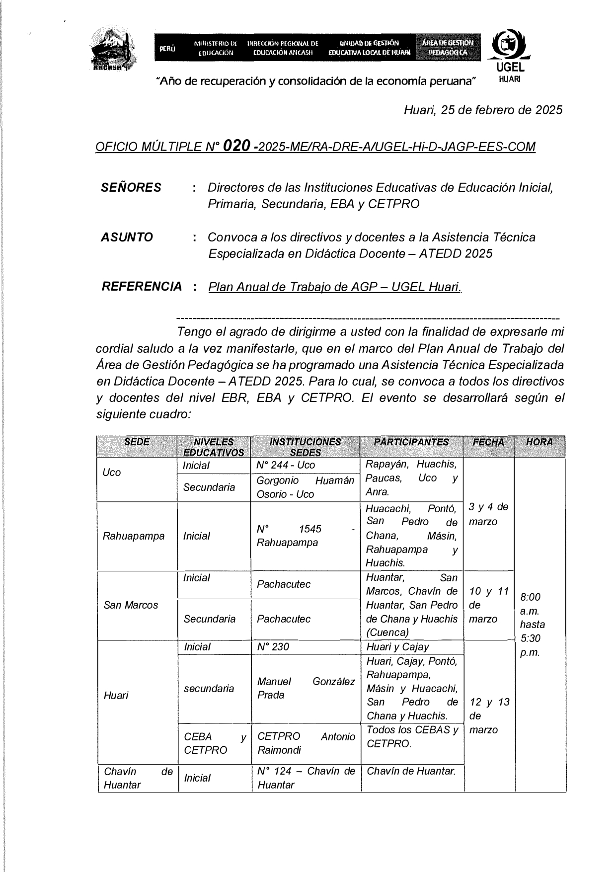 Convoca a directivos y docentes a la Asistencia Técnica Especializada en Didáctica Docente – ATEDD 2025