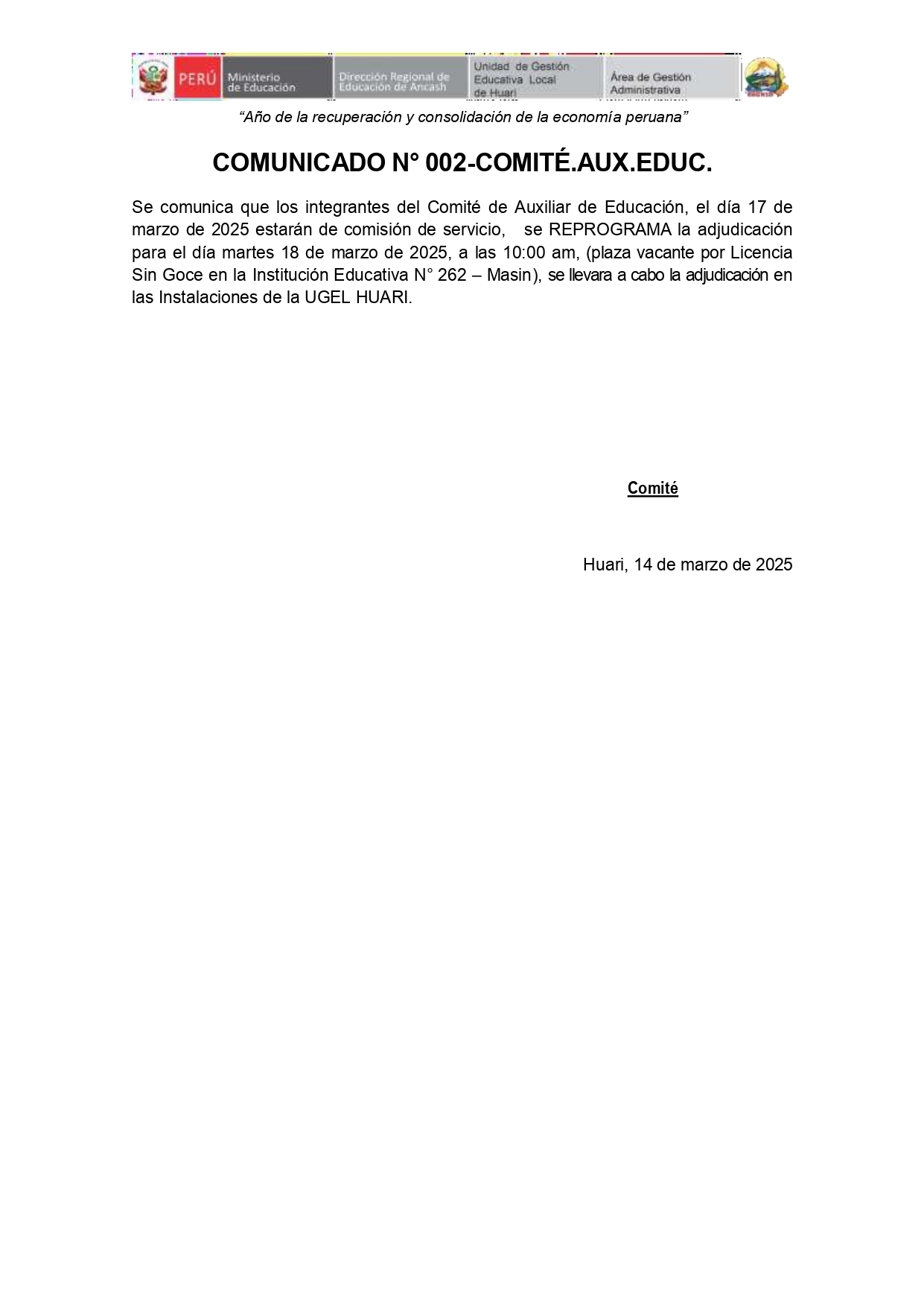 COMUNICADO REPROGRAMACIÓN ADJUDICACIÓN DE AUXILIARES