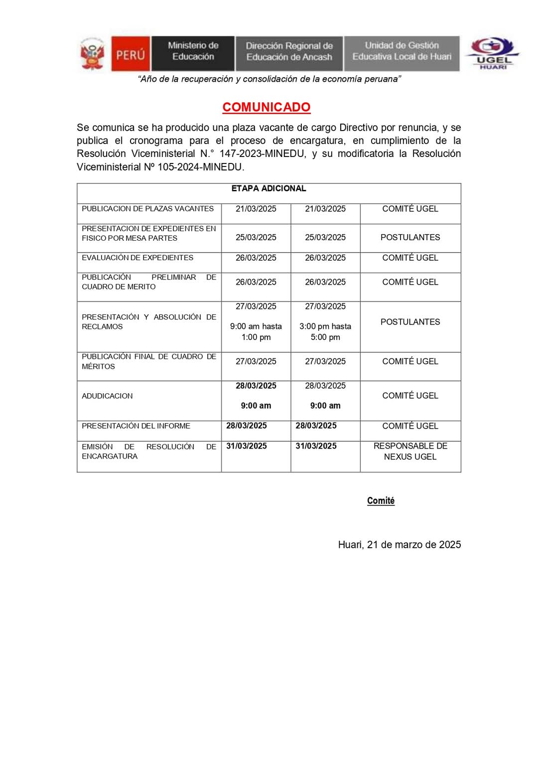 Plaza vacante de cargo Directivo por renuncia