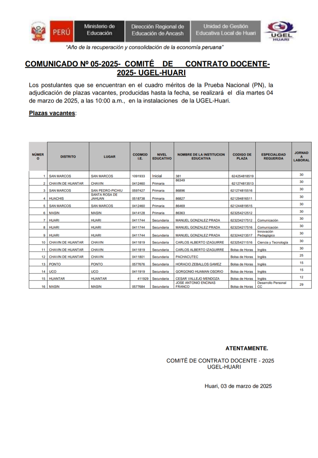 Plazas Vacantes Contrata Docente 2025