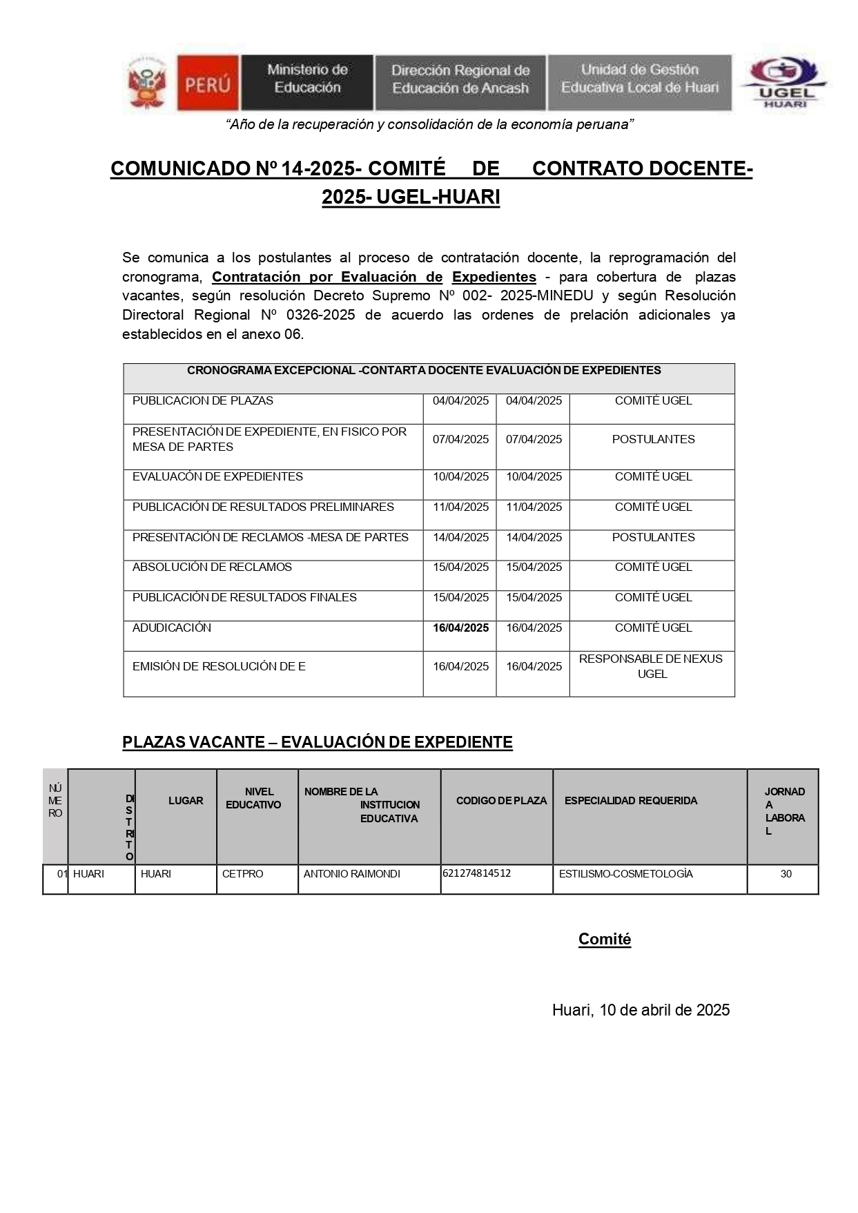 Cronograma Excepcional Contrato Docente 2025 por Evaluación de Expedientes