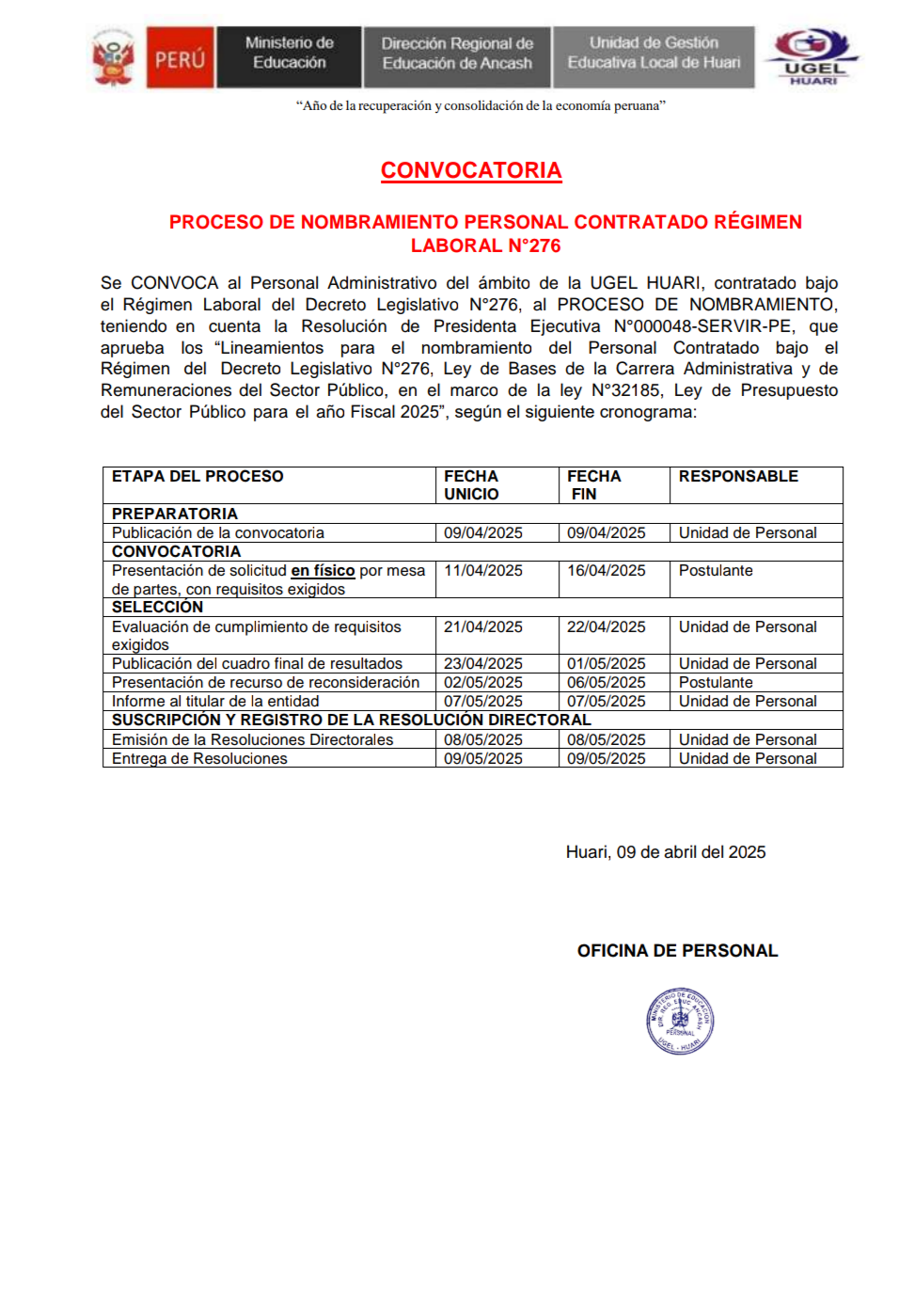 PROCESO DE NOMBRAMIENTO PERSONAL CONTRATADO RÉGIMEN LABORAL N°276