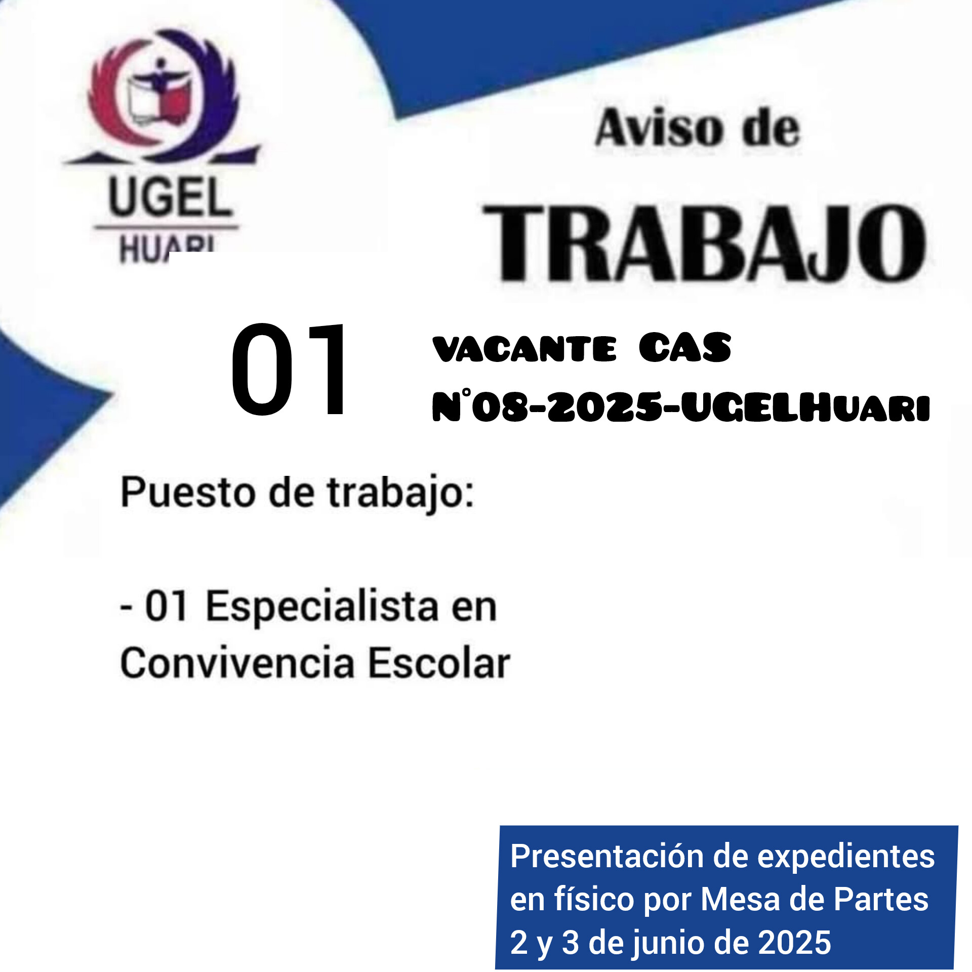 CONVOCATORIA PROCESO CAS N° 08-2025UGEL–HUARI: ESPECIALISTA EN CONVIVENCIA ESCOLAR