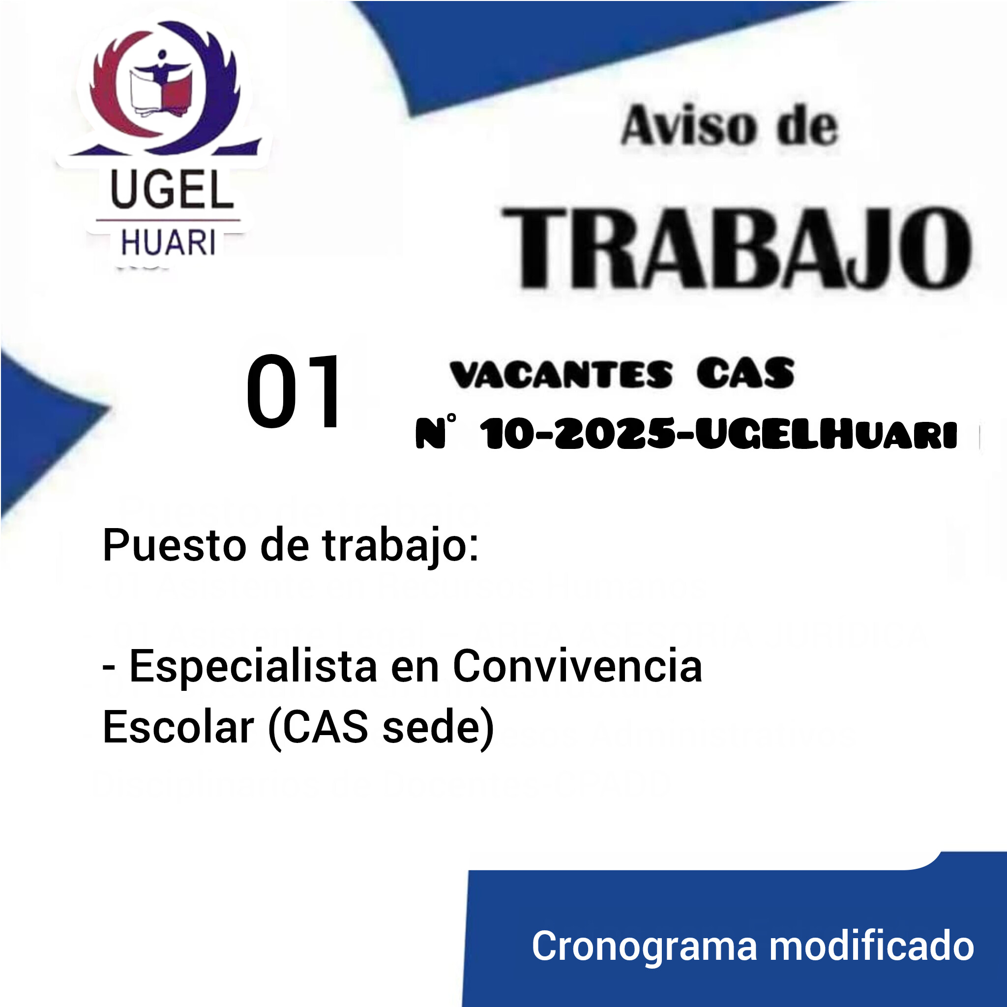 CONVOCATORIA PROCESO CAS N° 10-2025UGEL–HUARI: Especialista en Convivencia Escolar (CAS sede)