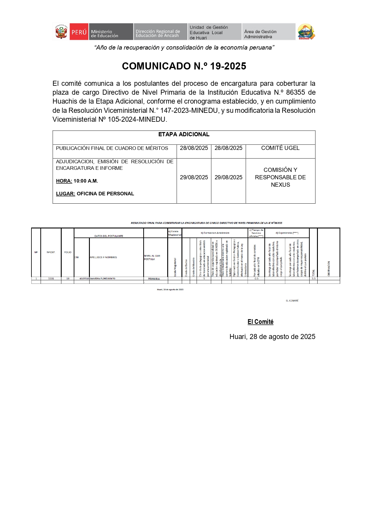 RESULTADO DE FINAL PARA COBERTURAR LA ENCARGATURA DE CARGO DIRECTIVO DE NIVEL PRIMARIA DE LA IE N°86355