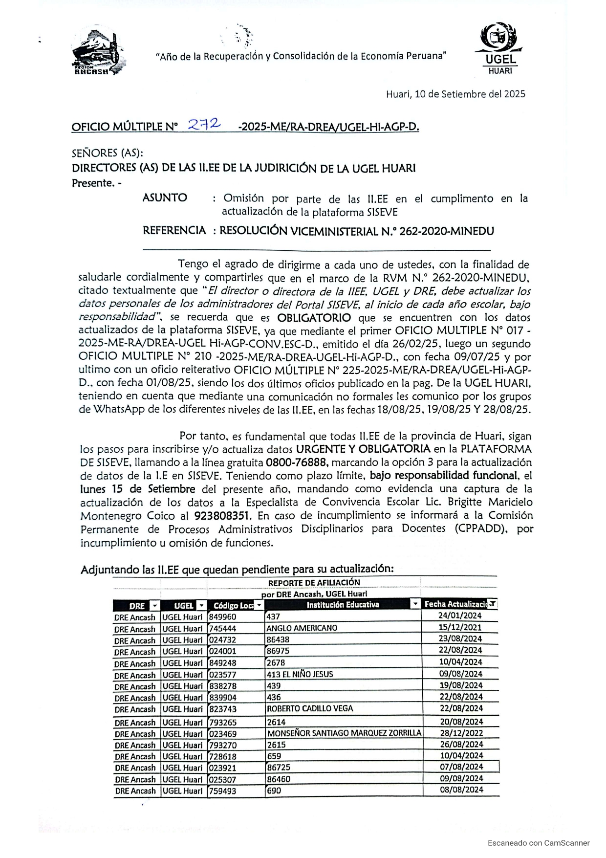 Omisión por parte de las II.EE en el cumplimiento en la la actualización de la plataforma SISEVE