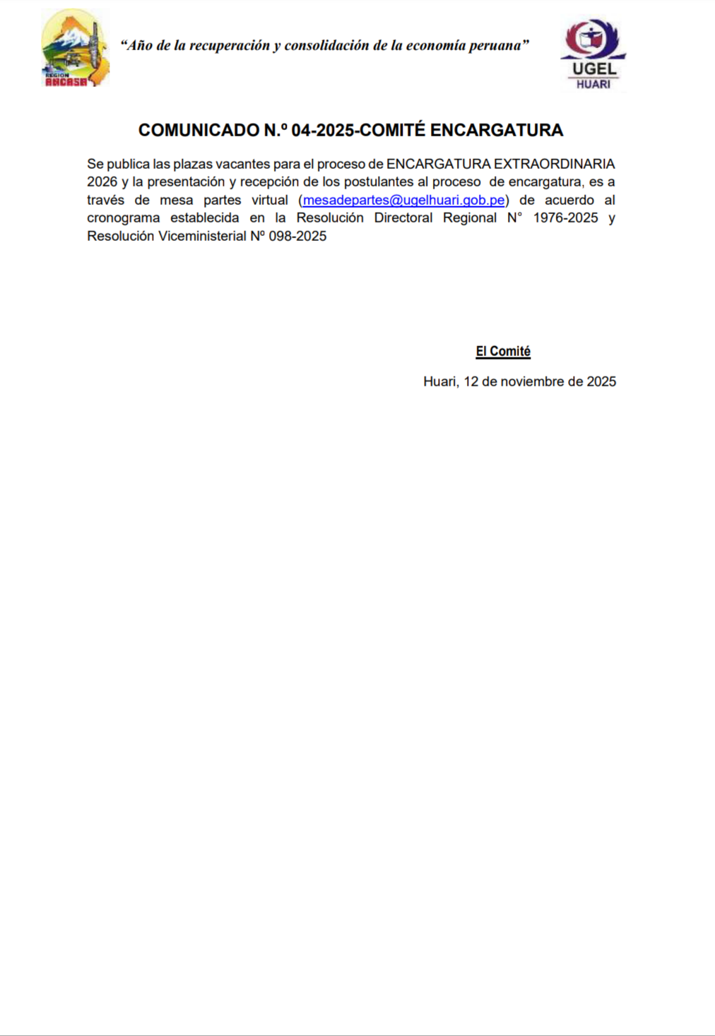 ENCARGATURA EXTRAORDINARIA 2026 Y PLAZAS VACANTES