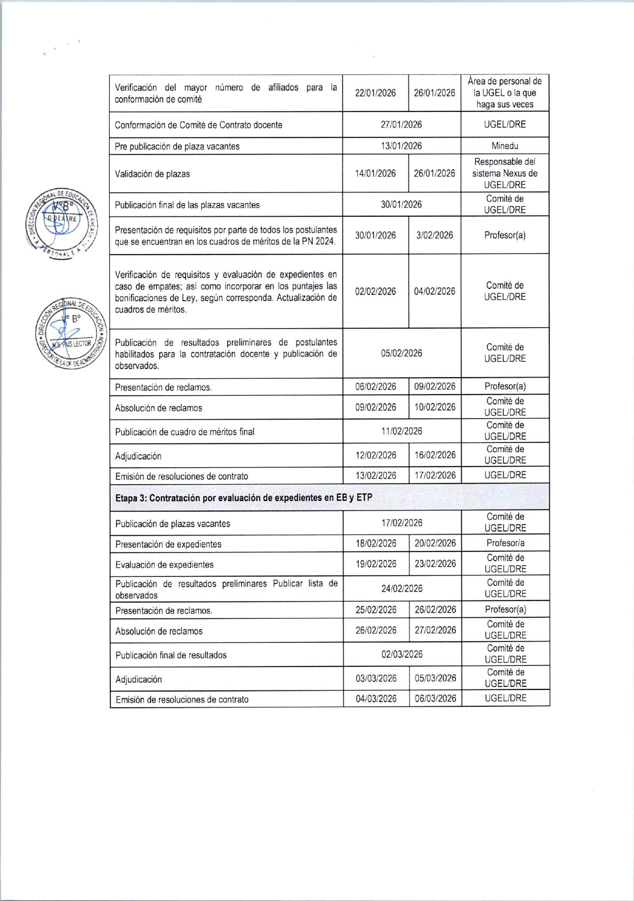 CRONOGRAMA DE CONTRATO DOCENTE 2026