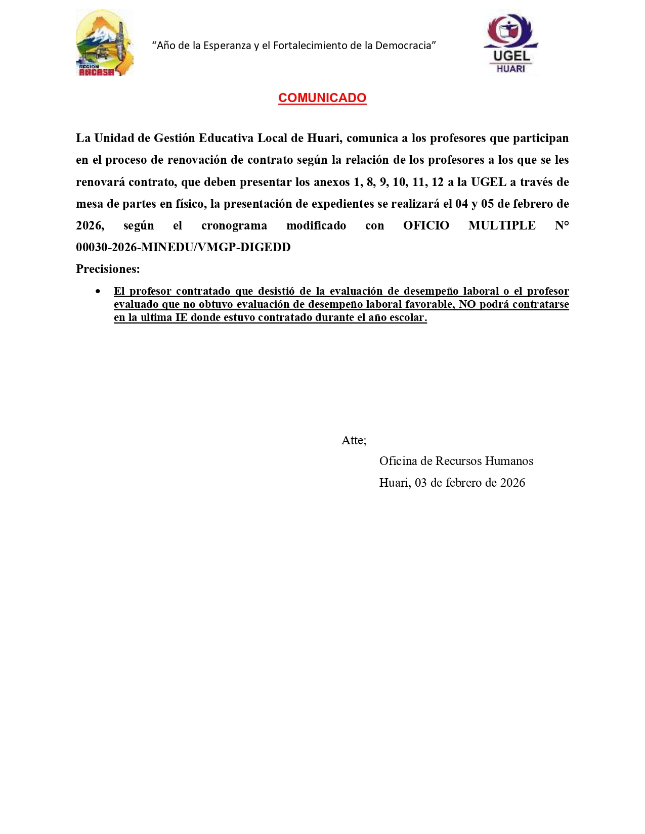 Comunicado Renovación de Contrato Docente
