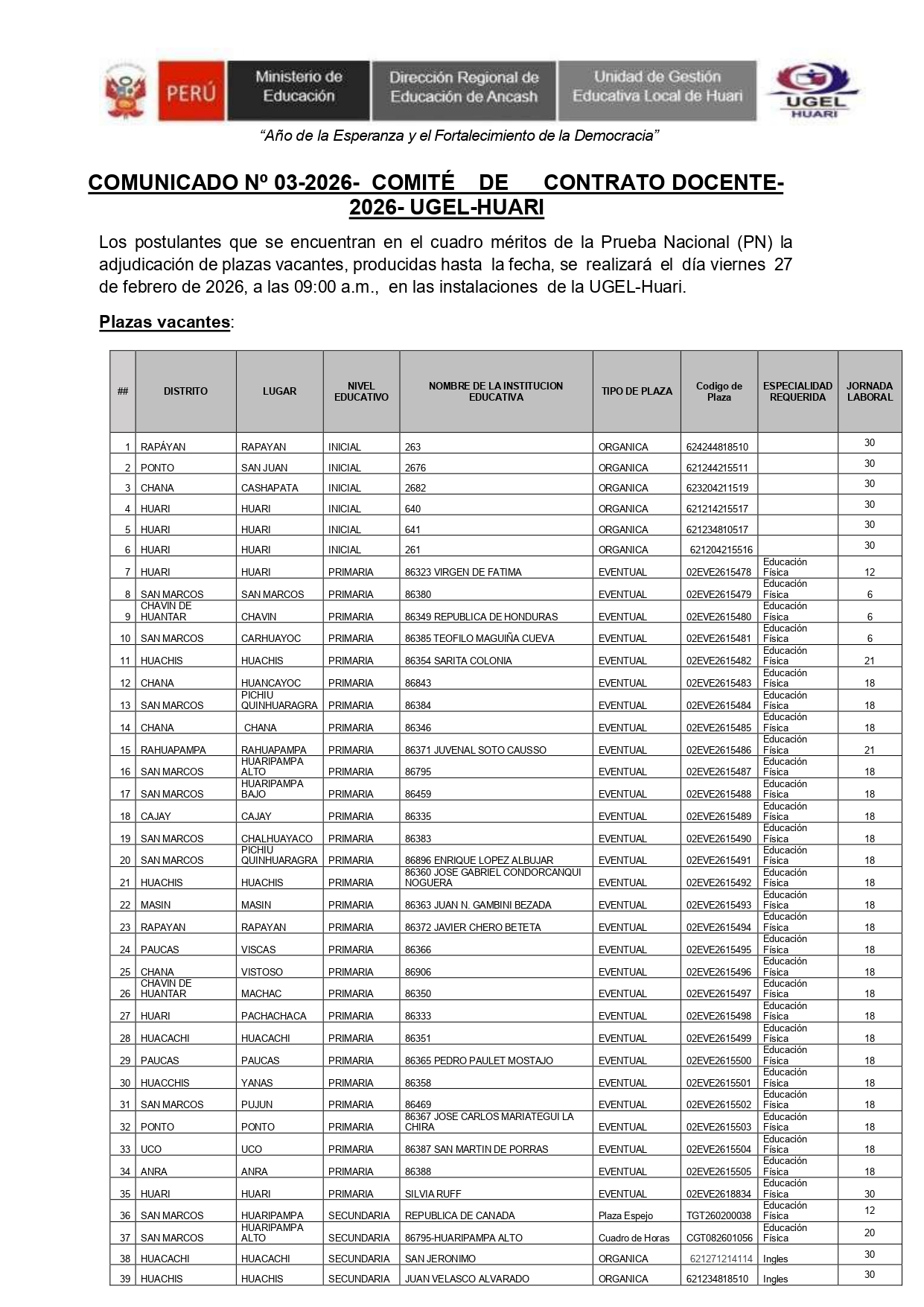 COMUNICADO Nº 03-2026- COMITÉ DE CONTRATO DOCENTE-2026- UGEL-HUARI