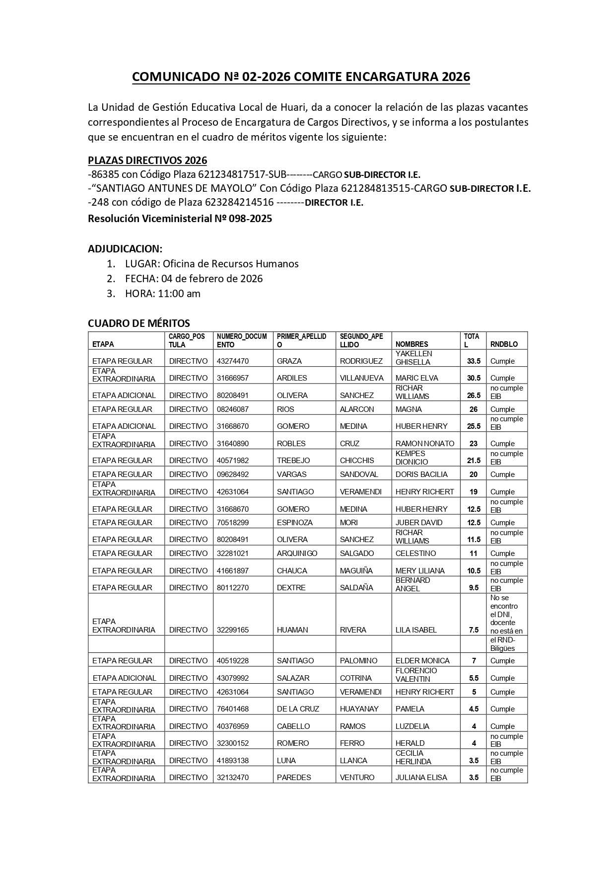 COMUNICADO N° 02-2026 COMITE ENCARGATURA 2026