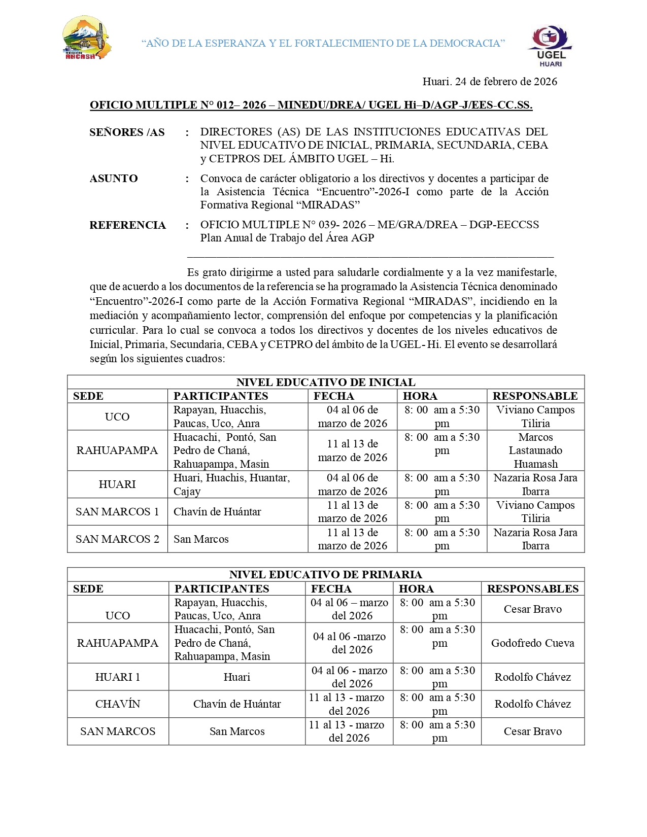 Convoca de carácter obligatorio a los directivos y docentes a participar dela Asistencia Técnica “Encuentro”-2026-I como parte de la Acción Formativa Regional “MIRADAS”