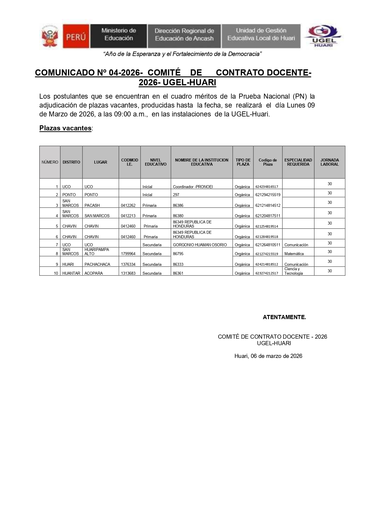 COMUNICADO Nº 04-2026- COMITÉ DE CONTRATO DOCENTE-2026- UGEL-HUARI