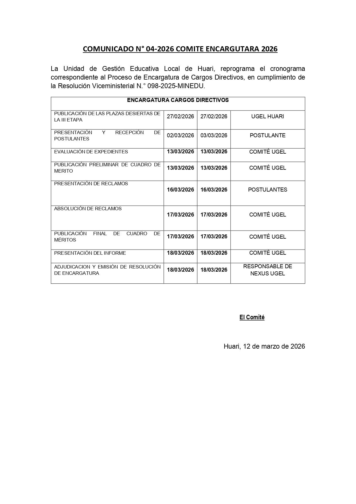 Reprogramación Cronogramadel Proceso de Encargatura de Cargos Directivos