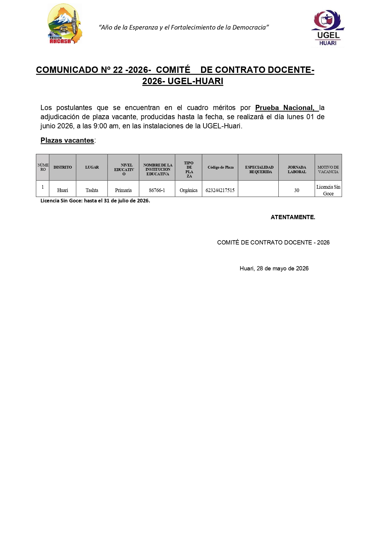 COMUNICADO Nº 22 -2026- COMITÉ DE CONTRATO DOCENTE-2026- UGEL-HUARI