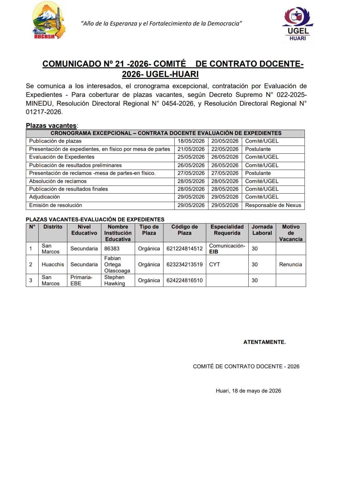 COMUNICADO Nº 21 -2026- COMITÉ DE CONTRATO DOCENTE-2026- UGEL-HUARI