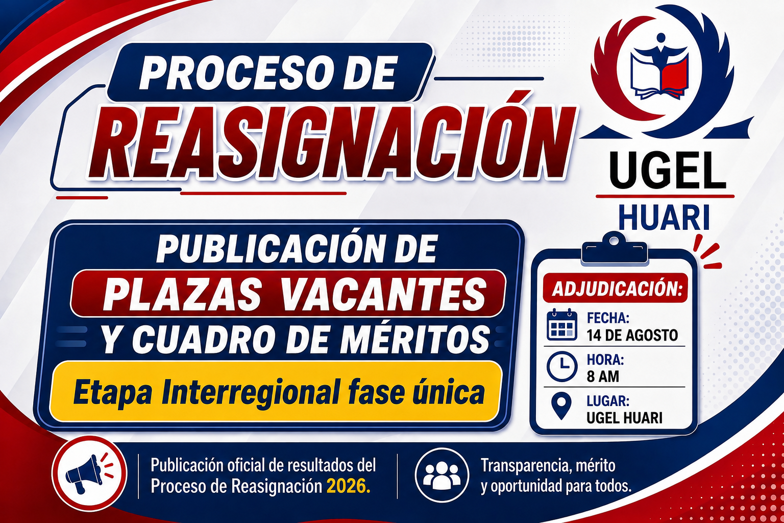 Publicación de plazas vacantes y cuadro de méritos para el proceso de Reasignación- Etapa Interregional – Fase Única Publicación de plazas vacantes y cuadro de méritos para el proceso de Reasignación- Etapa Interregional – Fase Única