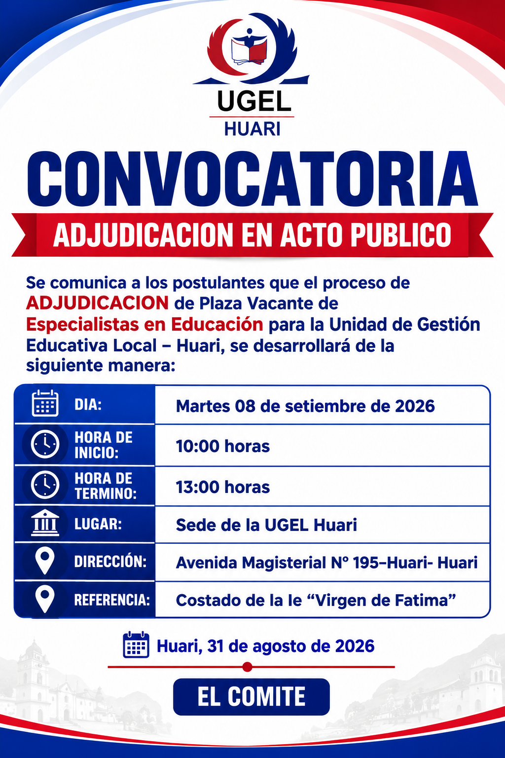 Comunicado, plazas y cuadro de méritos para adjudicación de Especialista en Educación UGEL Huari